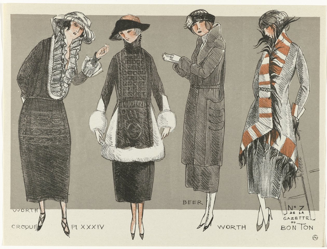 Gazette du Bon Ton, 1920 - nro 7, Croquis Pl XXXIV: Worth / Beer / Worth (otsikko esineessä) tekijältä Fernand Siméon