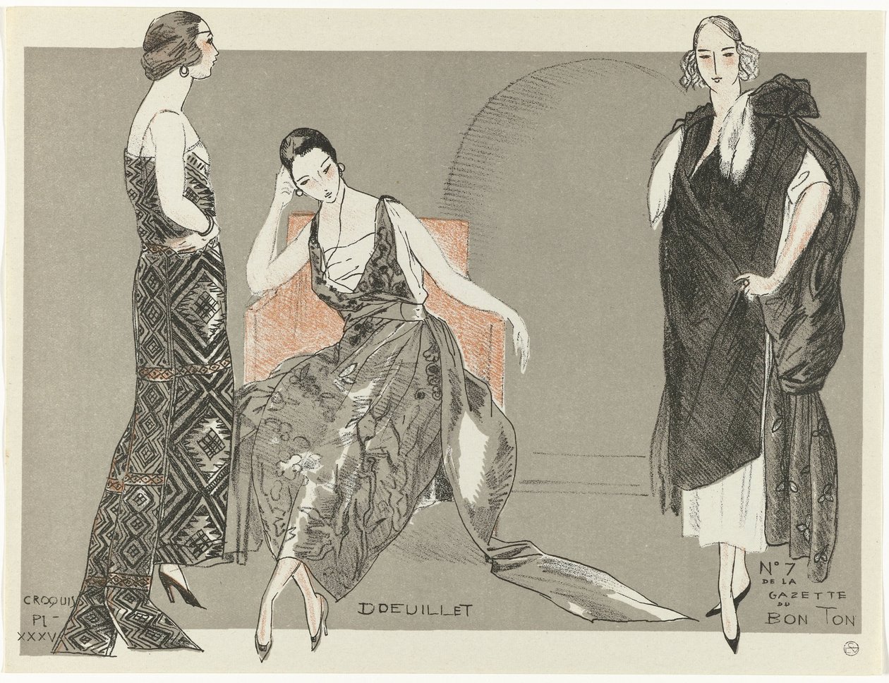 Gazette du Bon Ton, 1920 - nro 7, Croquis Pl. XXXV: Doeuillet (otsikko esineessä) tekijältä Fernand Siméon