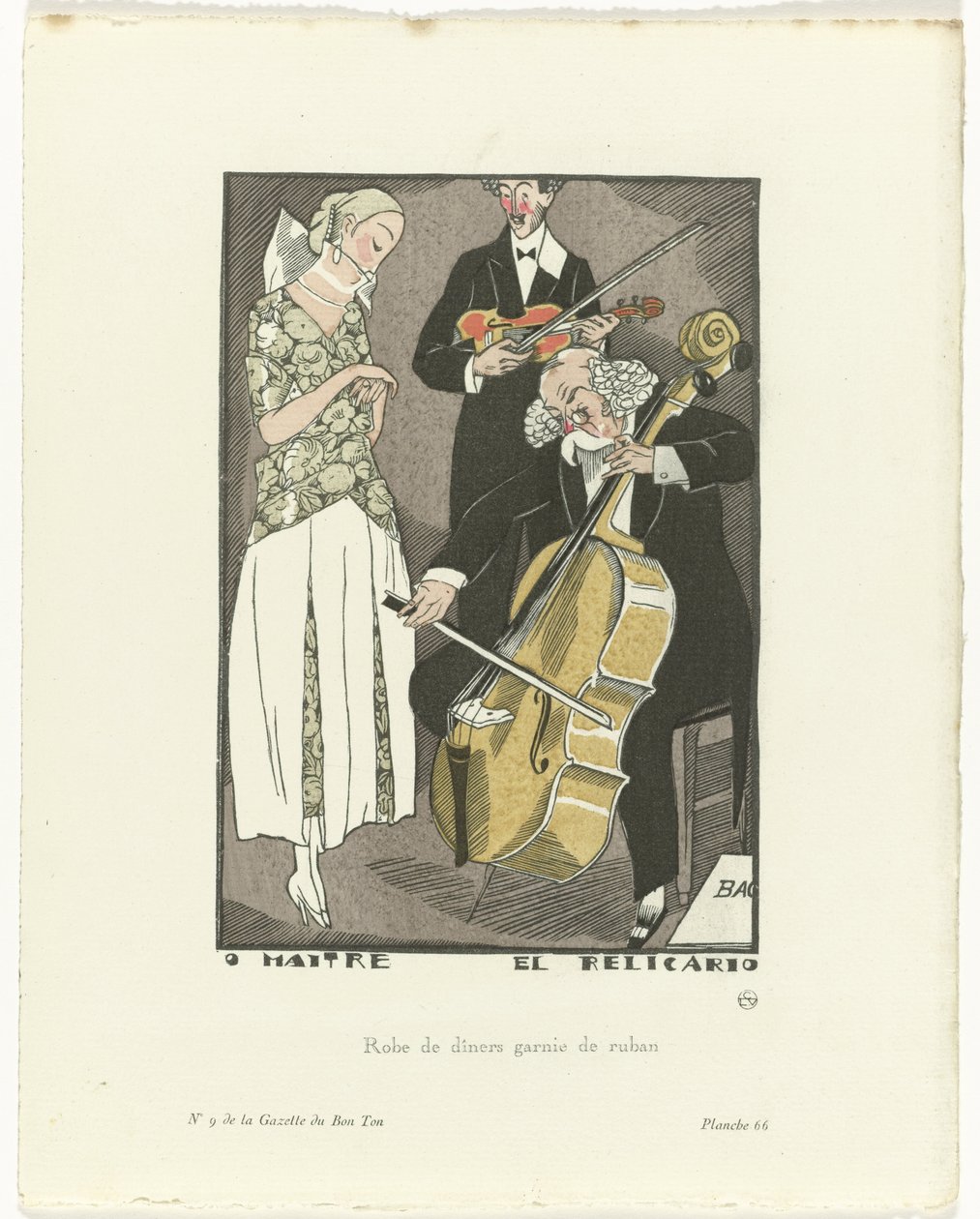 Gazette du Bon Ton, 1920 - nro 9, pl. 66: O Maitre el Relicario / illallismekko, jossa on nauha (otsikko esineessä) tekijältä Fernand Siméon