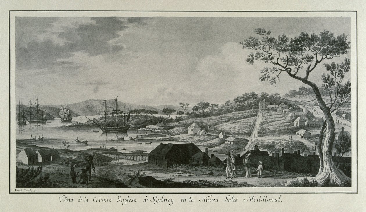 MALASPINA, Alejandro (1754-1809). Italialais-espanjalainen merenkulkija ja tutkimusmatkailija; BRAMBILA, Fernando (1763-1834). Taidemaalari. Australia (18. vuosisata). Uuden Etelä-Walesin englantilainen siirtokunta. Fernando Brambilan piirros, joka kuvaa A tekijältä Fernando Brambila