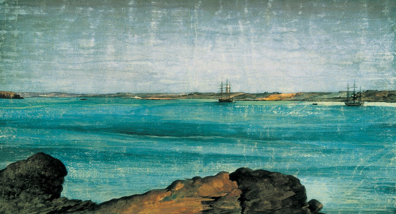 Puerto Deseado, yksityiskohta. Patagonian kaupunki ja kalasatama Santa Cruzin maakunnassa Argentiinassa. Piirustus Fernando BRAMBILA (1763-1832) Madrid. Merimuseo. tekijältä Fernando Brambila