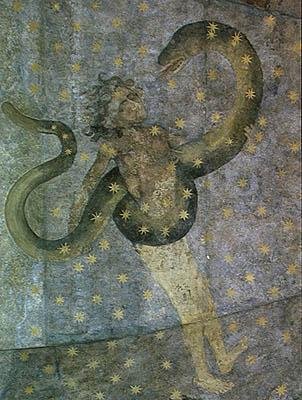 Mies ja käärme, yksityiskohta Cielo de Salamancasta, n. 1480-1490 tekijältä Fernando Gallego