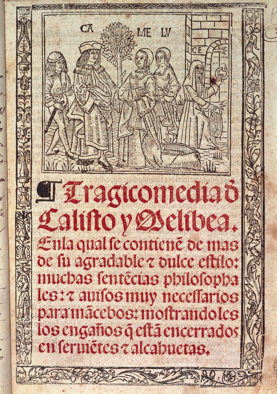 Miniatyyri pergamentille The Celestinan tai Calliston ja Melibean tragikomedian kannessa, julkaistu v. tekijältä Fernando de Rojas
