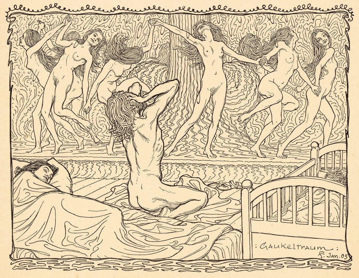 Gaukeltraum, levy 5, portfoliosta "Lebenszeichen", pub. 1908 Berliinissä, kirjoittanut Fritz Heyder Verlag tekijältä Fidus