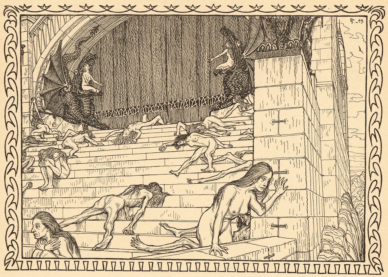 Ennen Tekojen temppeliä, levy 7, portfoliosta "Lebenszeichen", pub. 1908 Berliinissä, kirjoittanut Fritz Heyder Verlag tekijältä Fidus (1868 1948)