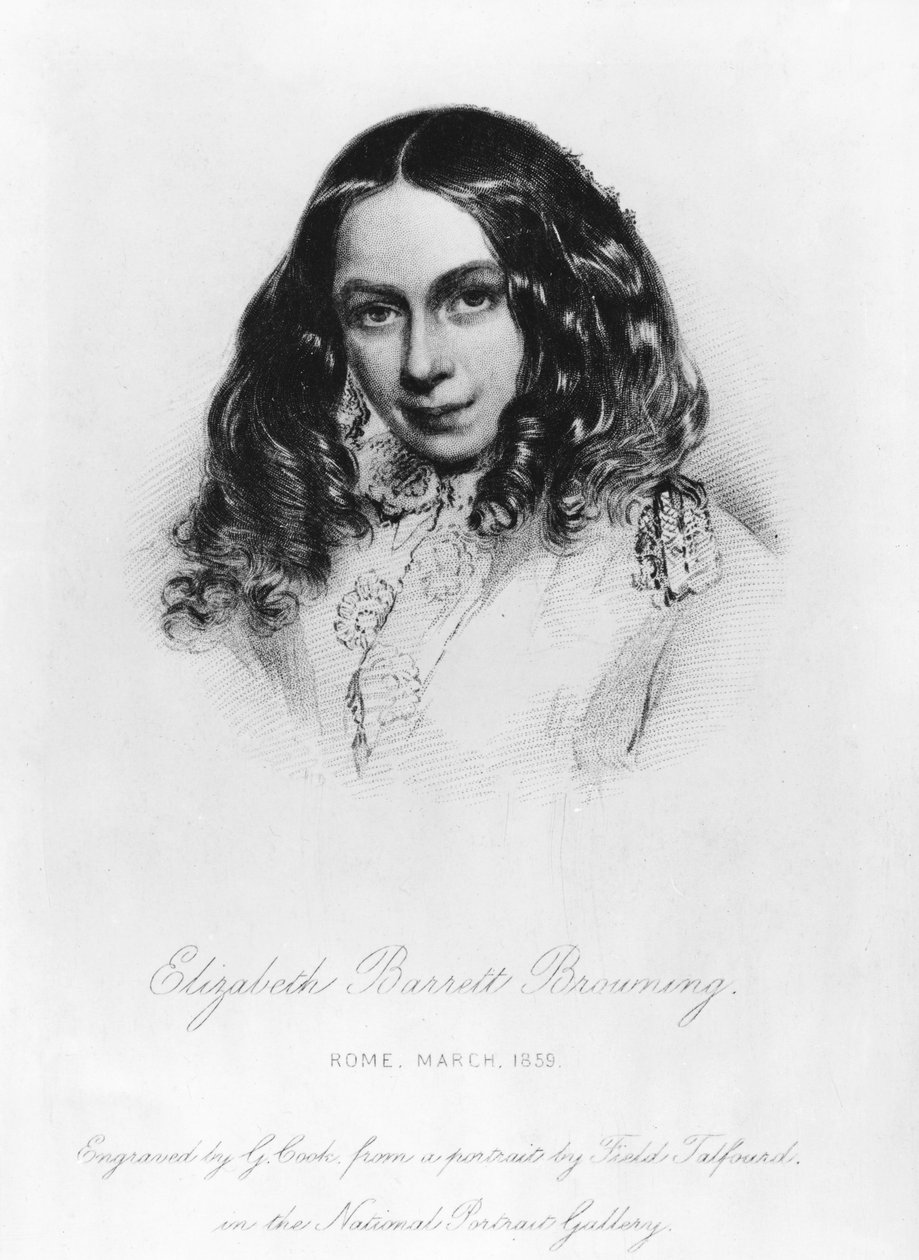 Muotokuva Elizabeth Barrett Browningista (1806-61) vuonna 1859, kaiverrettu G. Cook tekijältä Field Talfourd