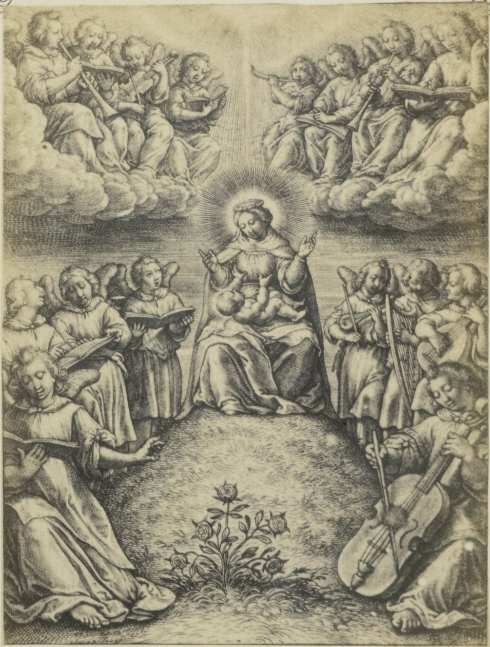Valokuvaus van de gravure Le konsertti des anges oven Hieronymus Wierix Enkelien konsertti tekijältä Fierlants