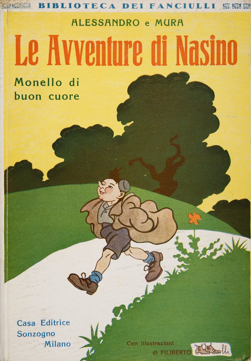 Alessandro e Muran kirjoittaman Le Avventure di Nasino, Monello di buon cuore -teoksen etukansi, n. 1920. tekijältä Filiberto Scarpelli