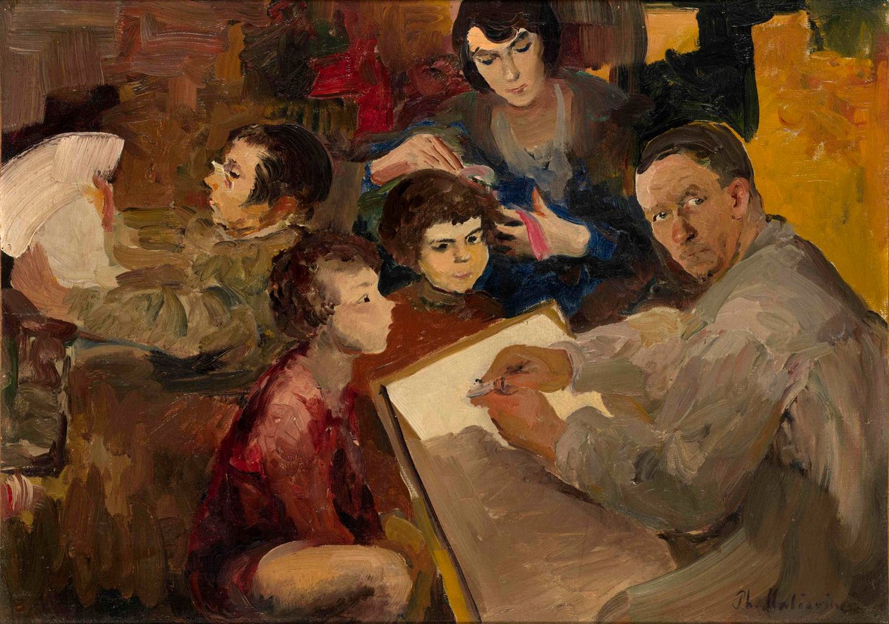 Omakuva perheen kanssa - Filipp Andrejevitš Maliavin (Maliavine) (tai Andrejevitš Maljavin) (1869-1940) maalaus, öljy kankaalle (46,5x64,5 cm), venäläinen taide, 1800-luvun loppu - 1900-luvun alku - Yksityinen kokoelma tekijältä Filipp Andreevich Maliavin