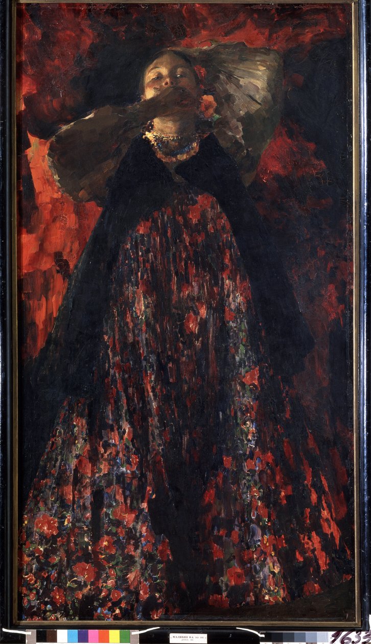 Tyttö (A Girl). Talonpoikanainen perinteisissä asuissa. Filipp Andreevich Maliavin (Maliavine) (tai Andrejevitš Maljavin) (1869-1940) maalaus, öljy kankaalle tekijältä Filipp Andreevich Maliavin