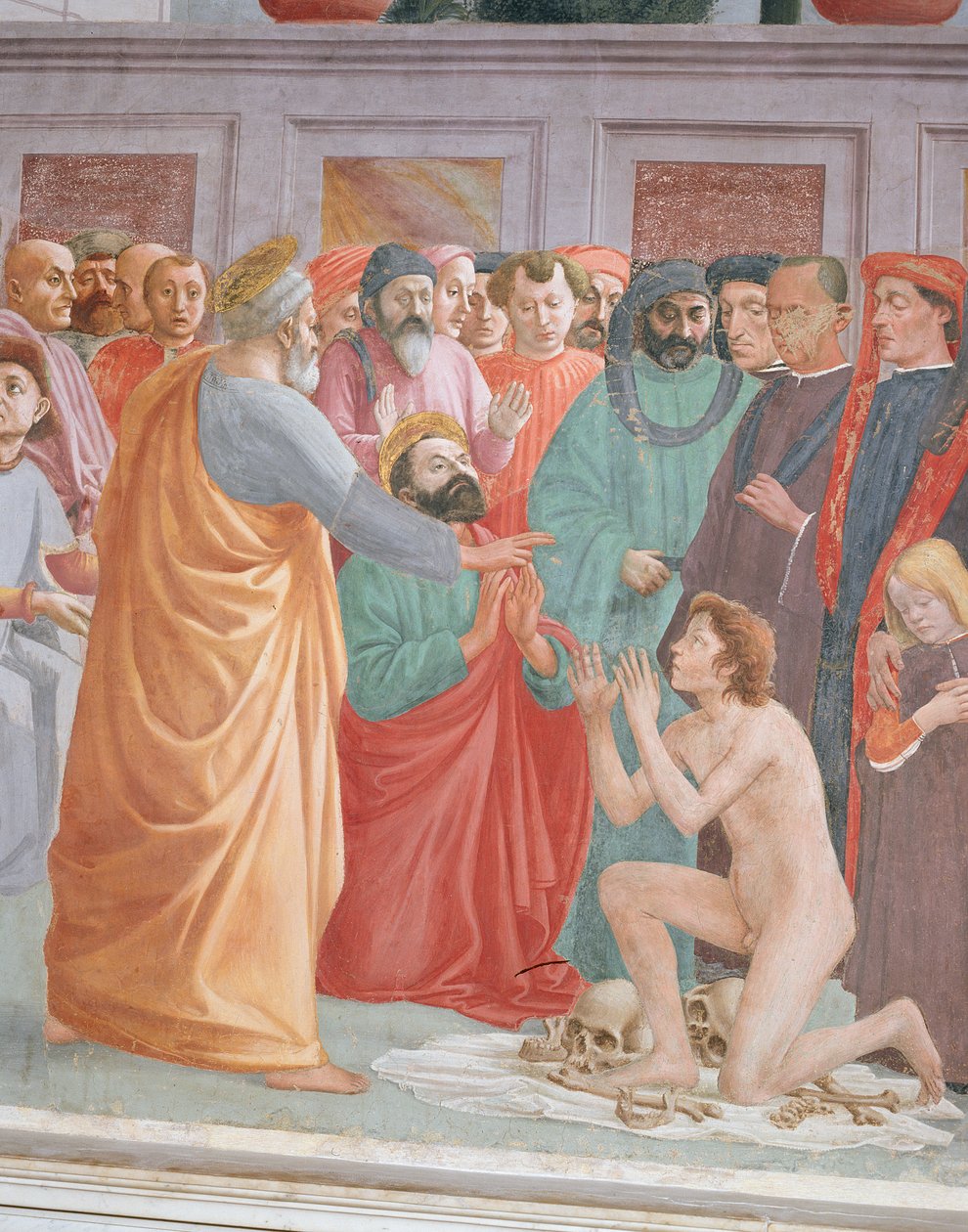 Yksityiskohta Theofiluksen pojan herättämisestä ja Pyhän Pietarin valtaistuimelle noussut fresko tekijältä Filippino Lippi