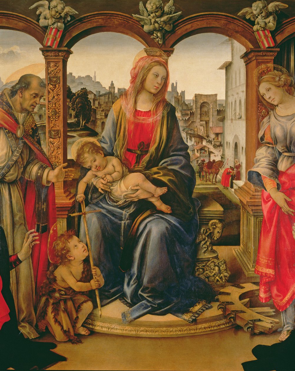 Nerli alttaritaulu: Madonna ja lapsi nuoren Johannes Kastajan, Pyhän Martinin, Pyhän Katariinan ja lahjoittajien Tanai ja Nanna dei Nerlin kanssa, 1494 yksityiskohta 58333:sta tekijältä Filippino Lippi