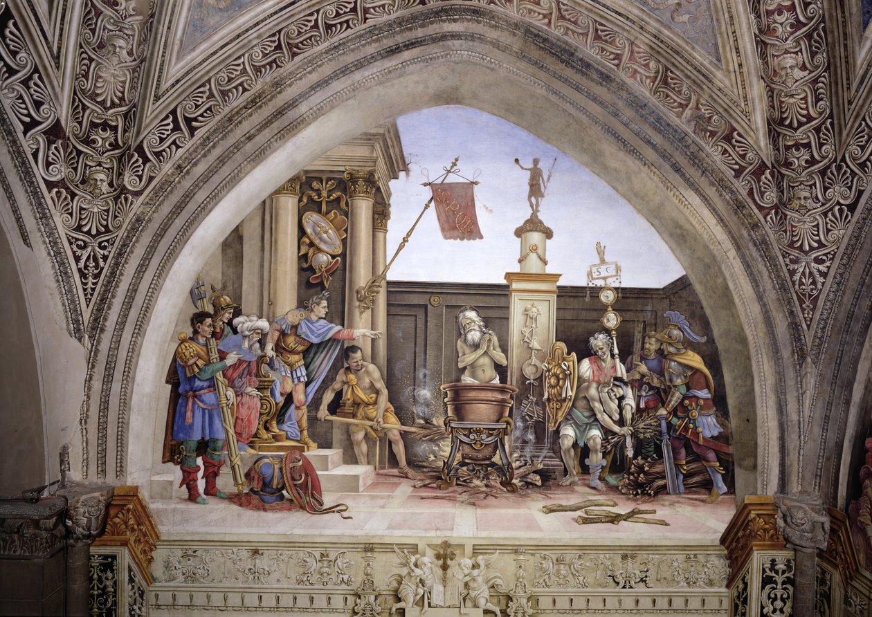 Strozzi-kappelin pohjoisseinä, Pyhän Johannes Evankelistan marttyyrikuolema, n. 1457-1502 tekijältä Filippino Lippi