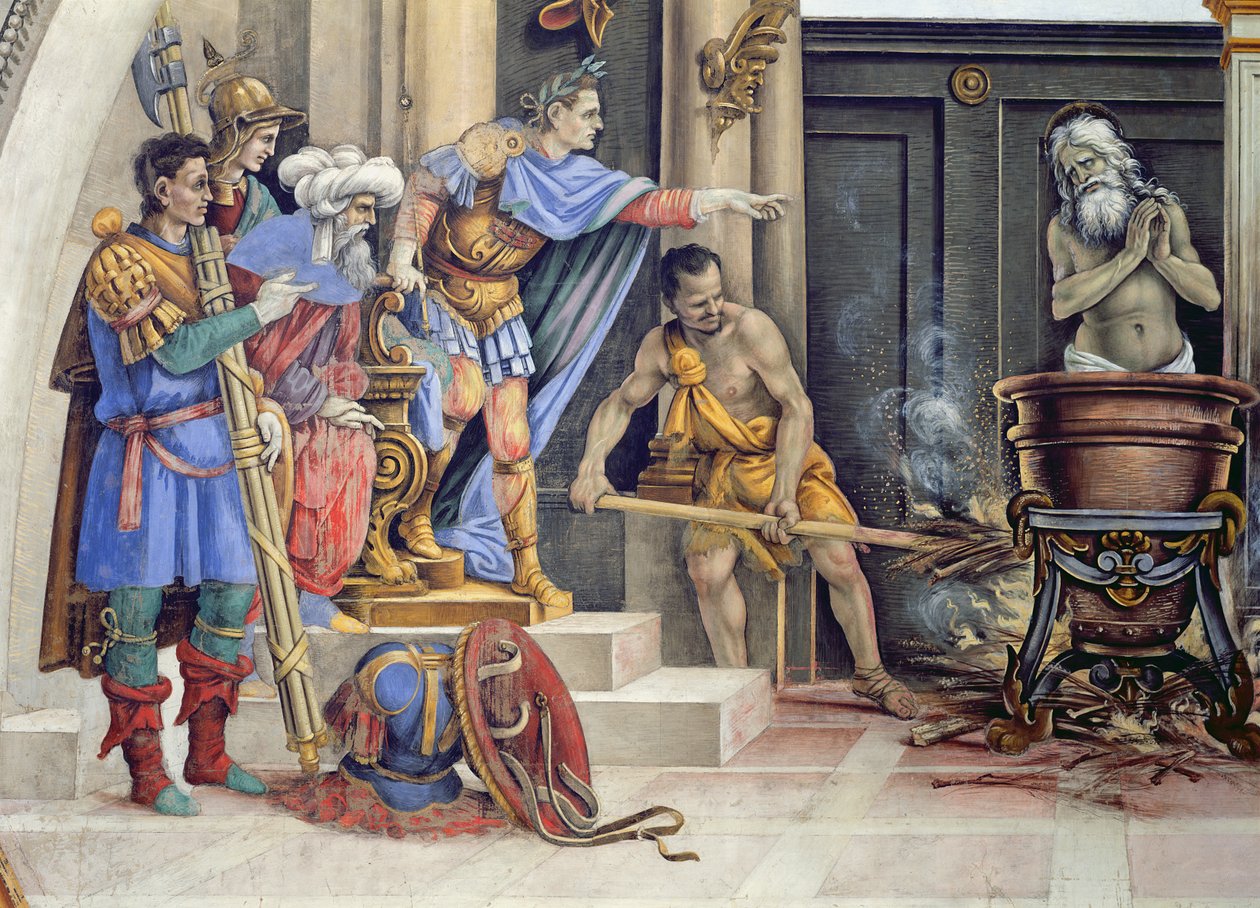 Strozzi-kappelin pohjoisseinä, Pyhän Johannes Evankelistan marttyyrikuolema, n. 1457-1502 yksityiskohta 208295 tekijältä Filippino Lippi
