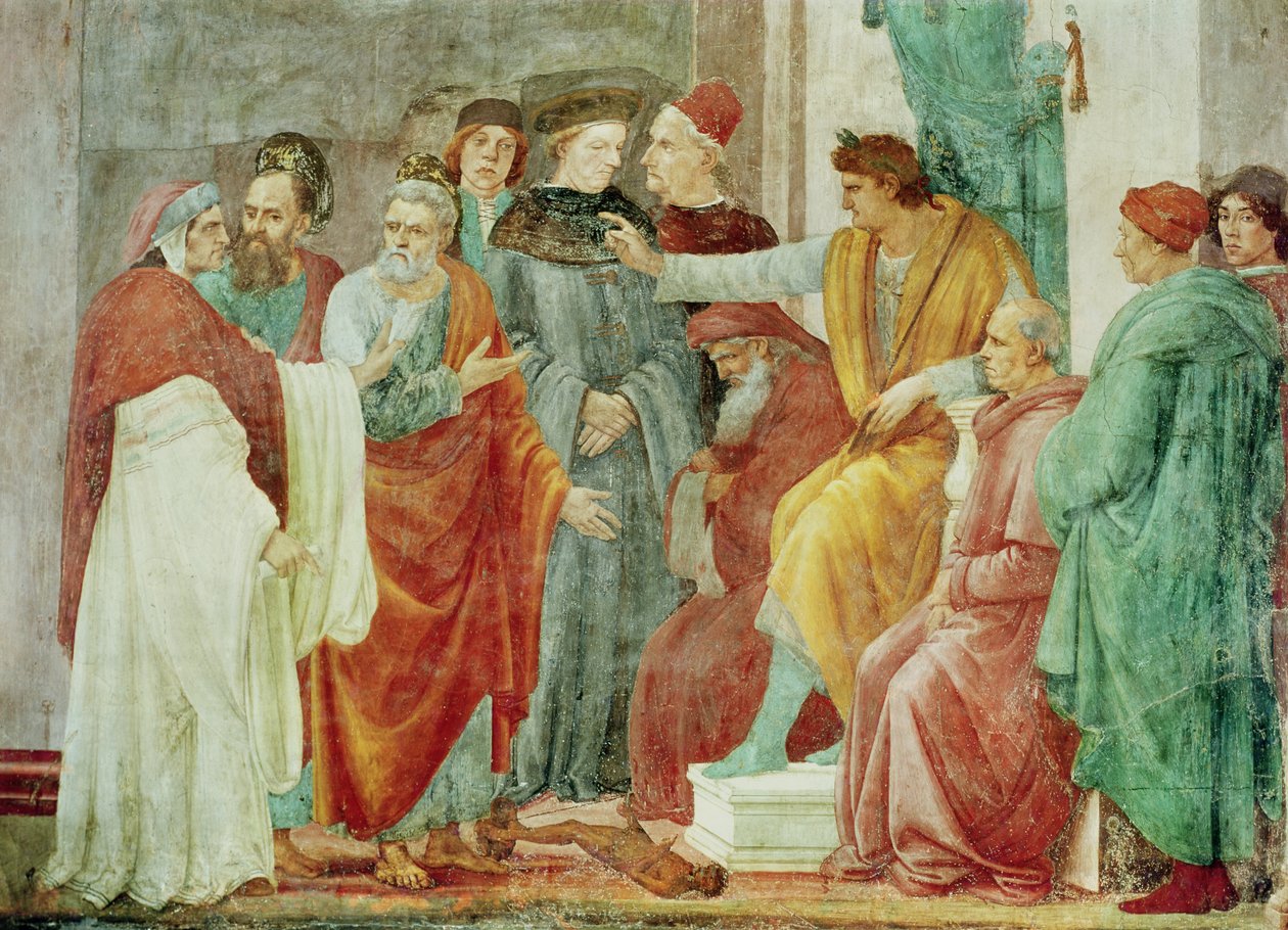 Kiista Simon Magon kanssa (Nero Enthroned), alttarin oikealla puolella olevan muurin alempi kerros, n. 1484-85 tekijältä Filippino Lippi