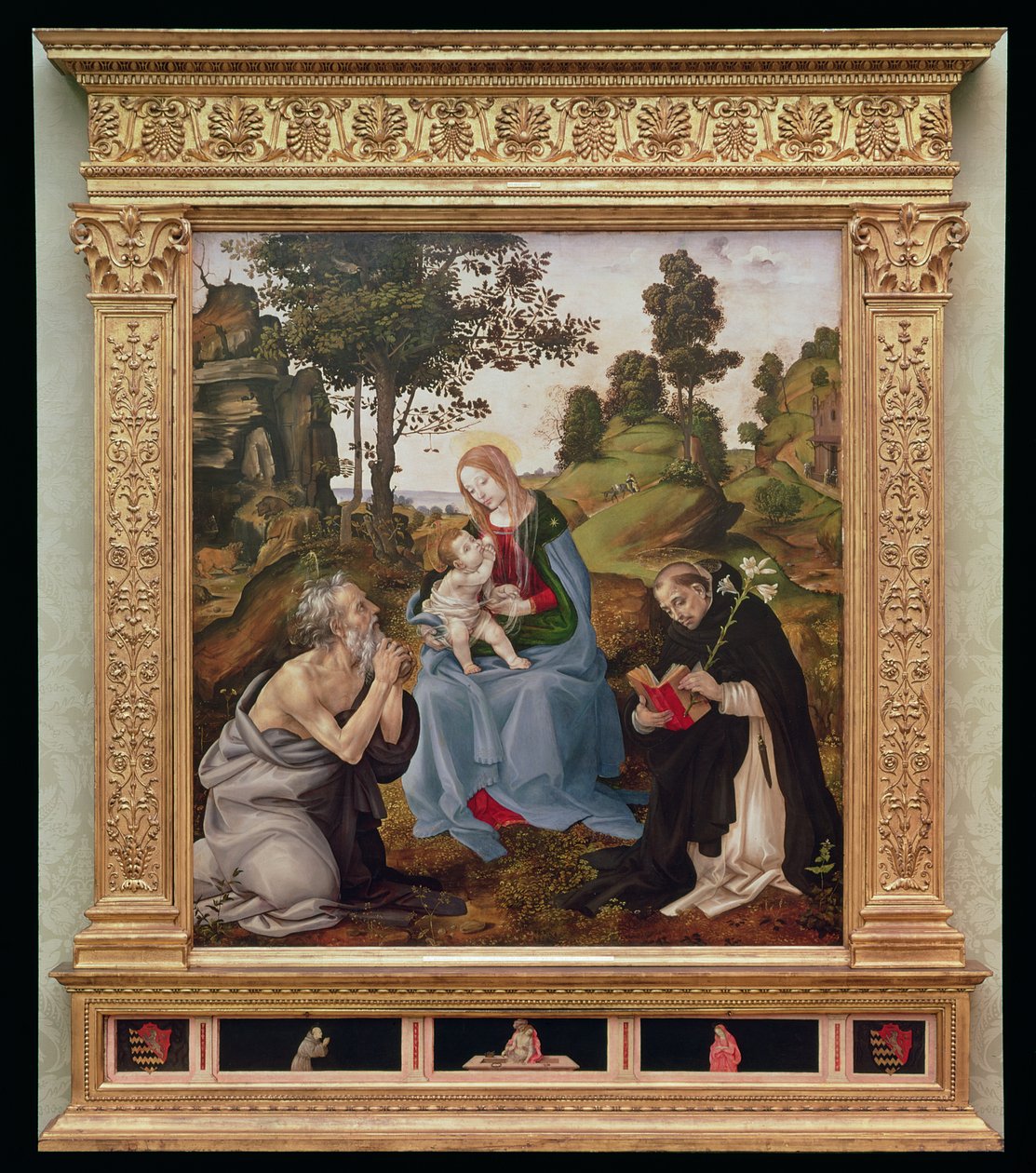 Neitsyt ja lapsi Pyhän Hieromuksen ja Pyhän Dominikin kanssa (öljy ja tempera paneelissa) tekijältä Filippino Lippi