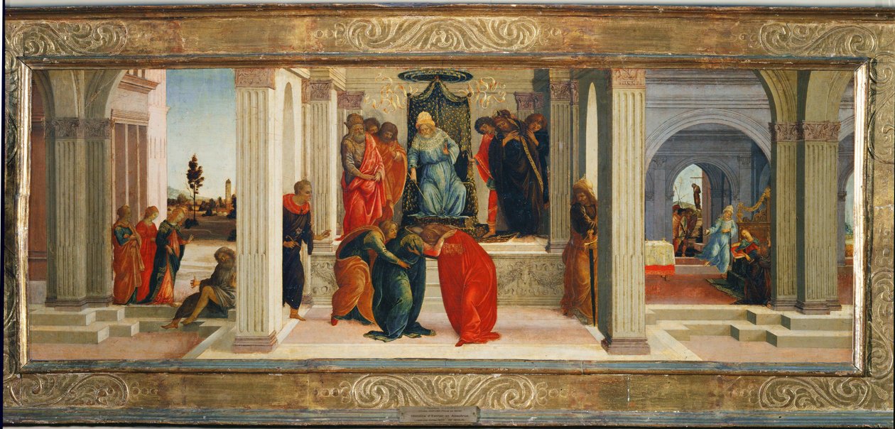 Kolme kohtausta Esterin elämästä: Mordechai valittaa juutalaisten kohtaloa ... tekijältä Filippino (attr.to) Lippi
