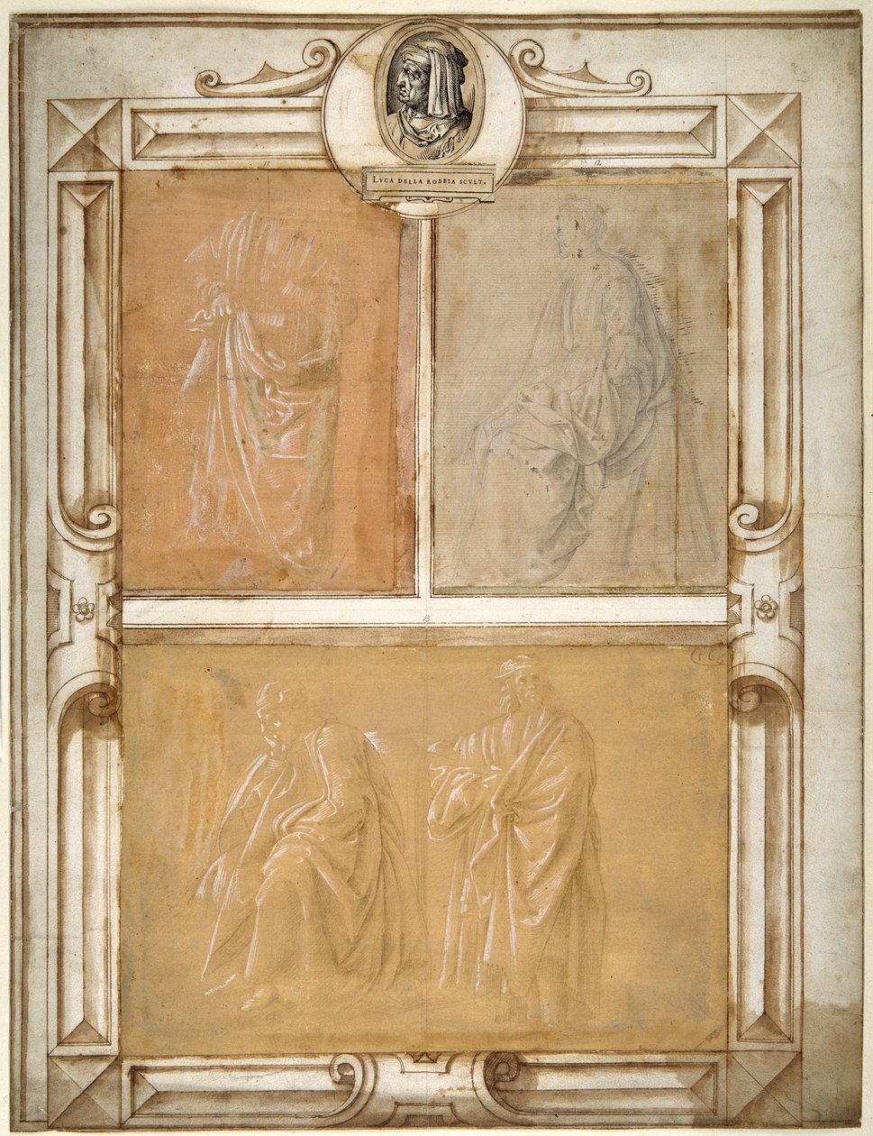 Tutkimuksia päällystetyistä hahmoista (hopeapiste korotettu valkoisella vartalovärillä valmispaperille) tekijältä Filippino (follower of) Lippi