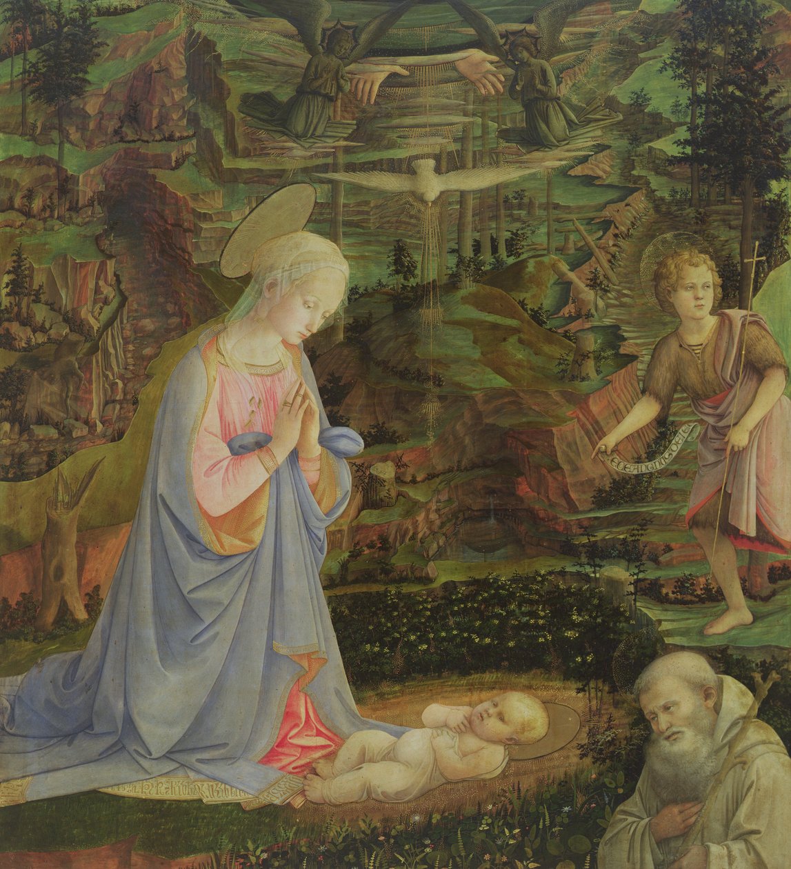 Lapsen palvominen, Johannes ja Romuald (tempera paneelille). tekijältä Filippino Lippi