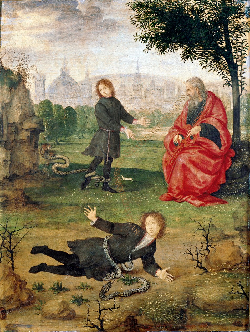 Allegoria Medicis-perheestä, jossa keskellä teksti "" Mikään haava ei ole pahempi kuin vihollinen perheessä"" Filipino Lipin (1457-1504) maalaus 1494-1495 noin. Aurinko. 30x23 cm Florence Galleria degli Uffizi (toimistot) - Allegoria Medici-perheestä tekijältä Filippino Lippi