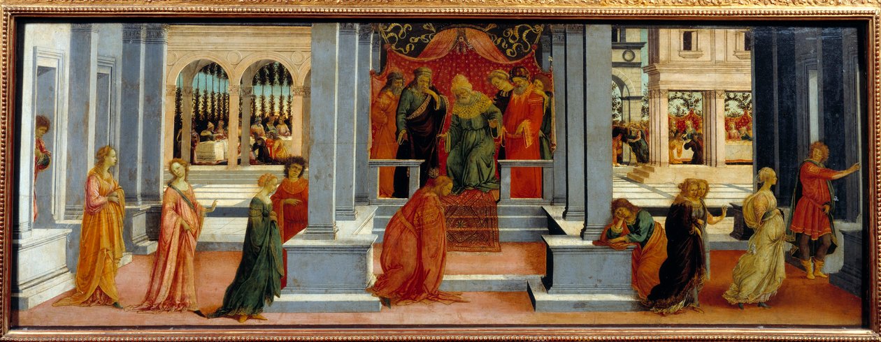 Kuningas Assverus valitsi Esterin, Judeen Mardocheen (tai Mordekhain tai Mordekain) serkku ja adoptiotytär, kuningas Assverus (Xerxes I) on valinnut Persian kuningattareksi hänen kauneutensa Susassa. Filipino Lipin (1457-1504) maalaus 1480 Sun. 0,47 tekijältä Filippino Lippi