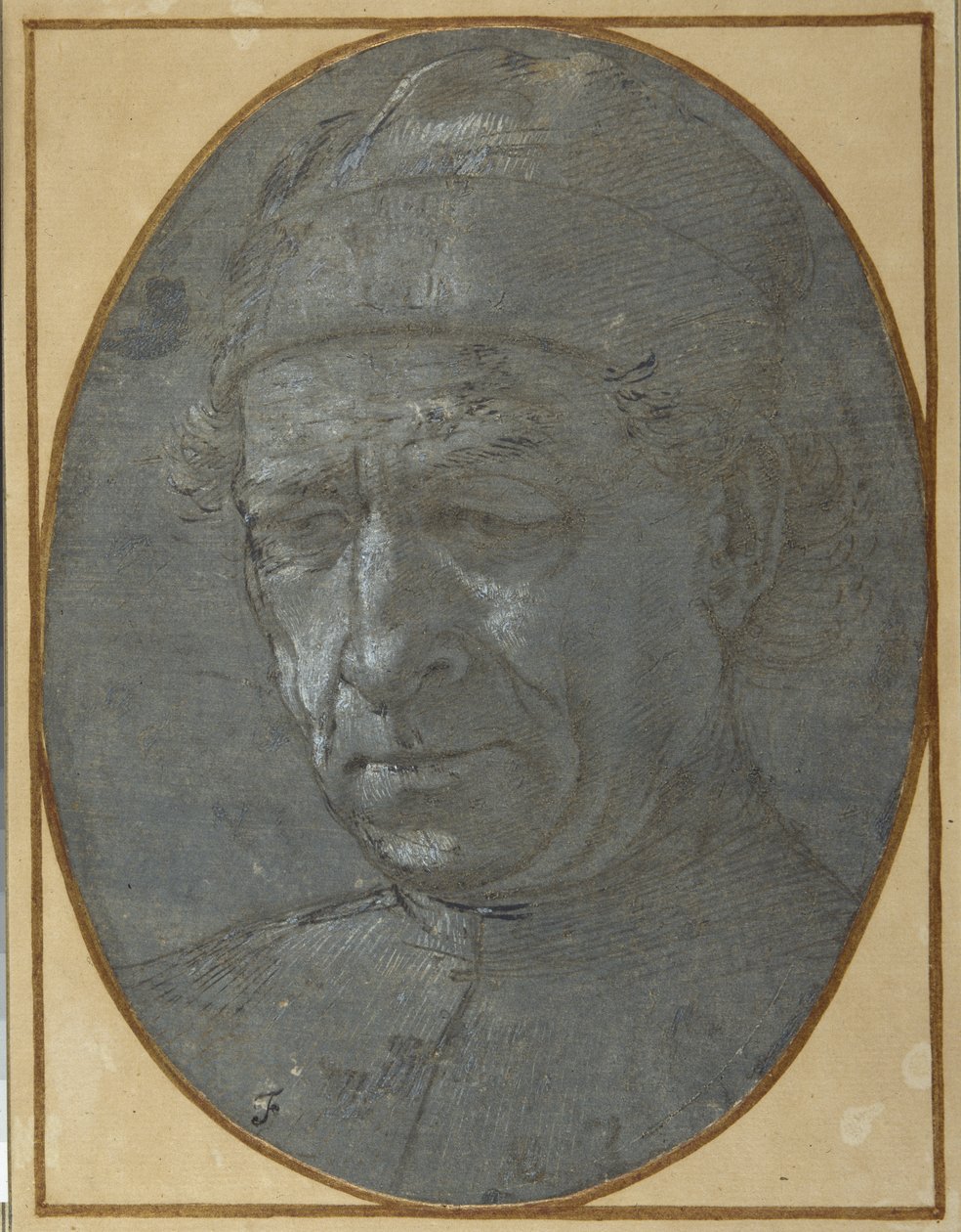 Ikääntyneen miehen pää, jolla on lippalakki (metallikärki siniharmaalla valmispaperilla) tekijältä Filippino Lippi