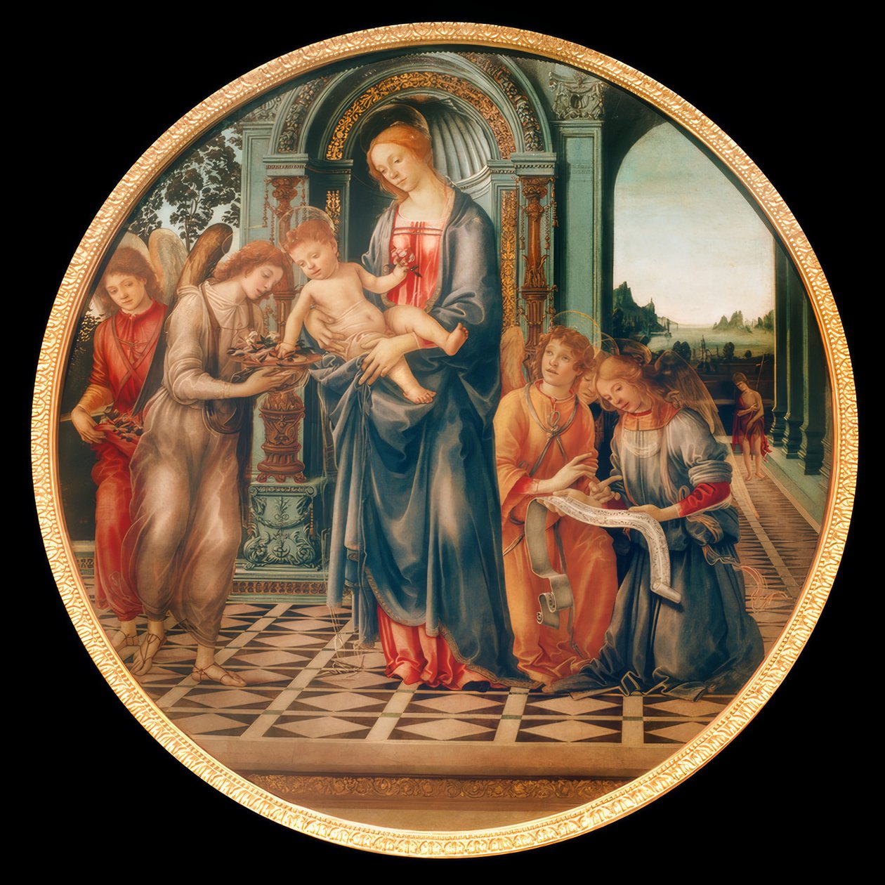 Maria lapsen kanssa, enkelit ja Johannes Kastaja tekijältä Filippino Lippi