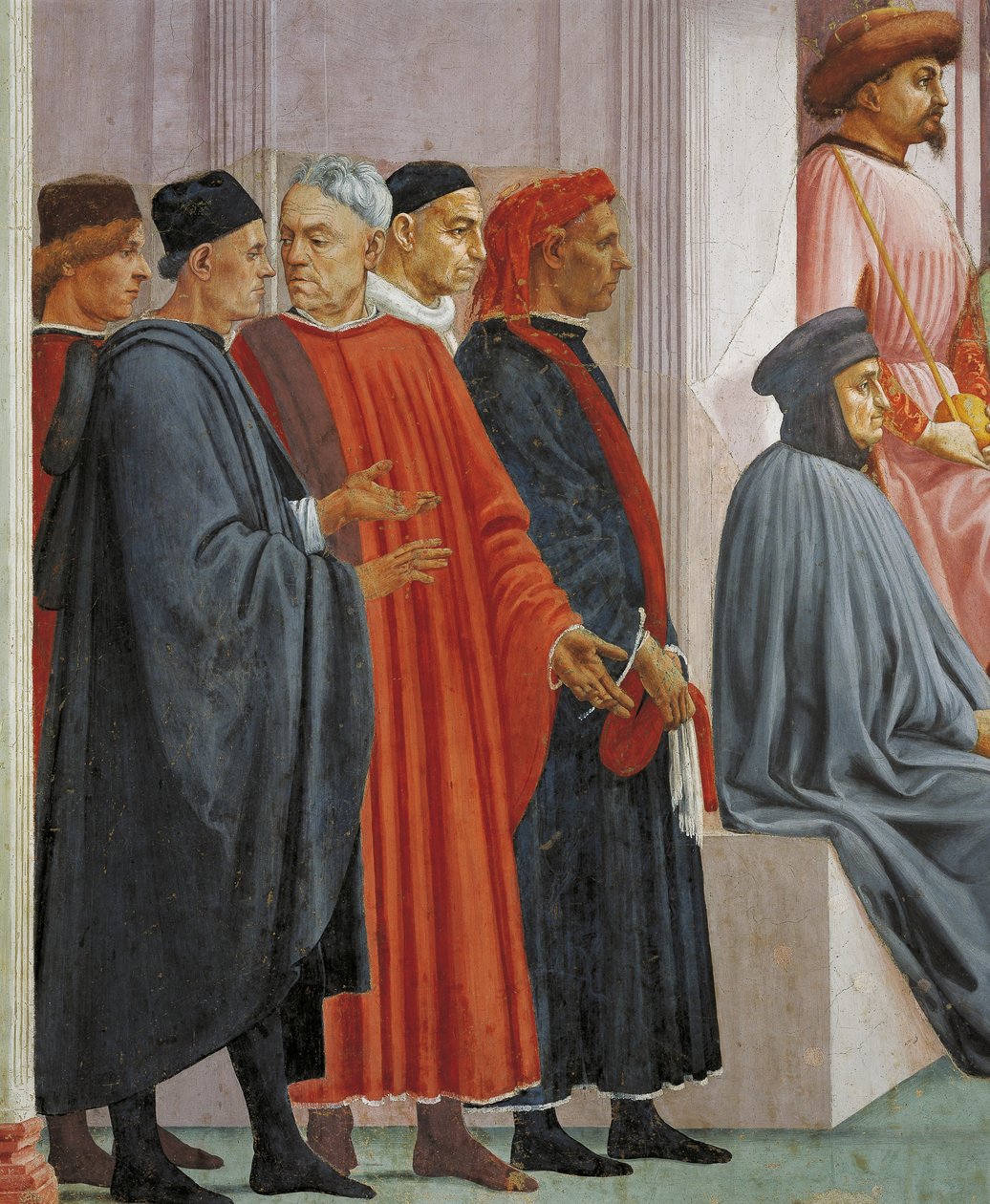 Miehet keskiaikaisessa mekossa, yksityiskohta teoksesta Theophilus pojan herättäminen, Tommaso Masaccio, fresko tekijältä Filippino Lippi