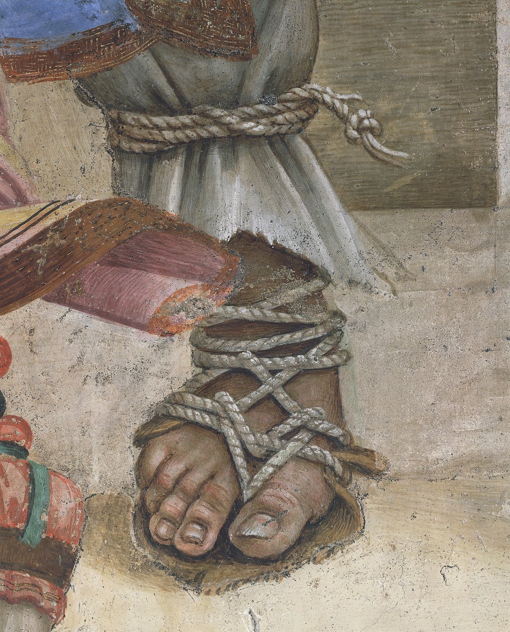Pyhän Johanneksen evankelista elvyttämässä Drusianaa, Filippino Lippi, yksityiskohta jalkineista, fresko tekijältä Filippino Lippi
