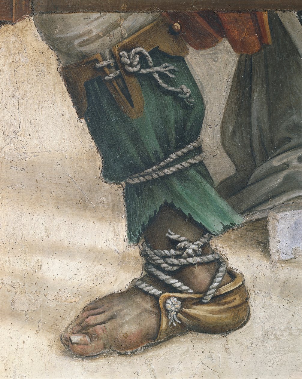 Pyhän Johanneksen evankelista elvyttämässä Drusianaa, Filippino Lippi, yksityiskohta jalkineista, fresko tekijältä Filippino Lippi