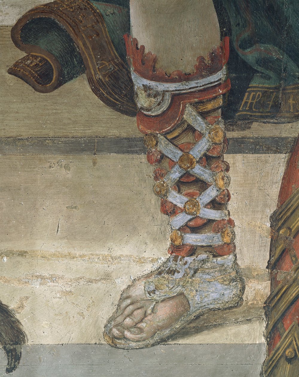 Pyhä Filippuksen ajolohikäärme Hieropolisin temppelistä, yksityiskohta jalkineista, fresko tekijältä Filippino Lippi