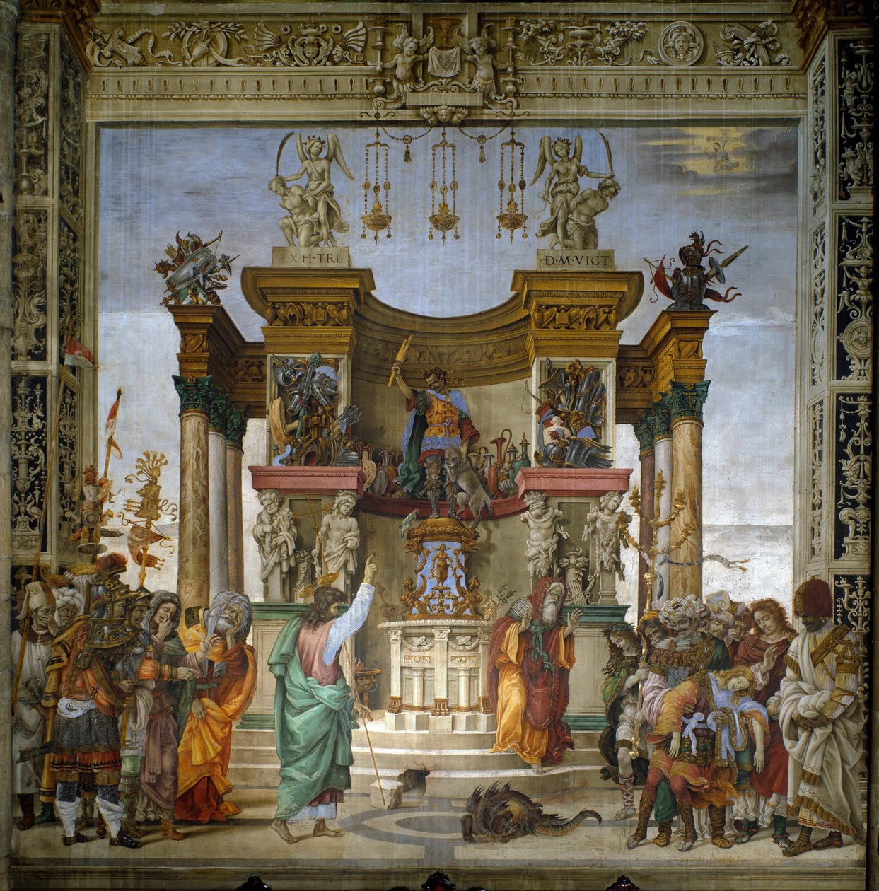 Pyhä Filippus karkottaa lohikäärmeen Hierapoliksen temppelistä. Fresco by filippiiniläinen Lippi (1457-1504) 1487-1502 Strozzi-kappeli, Santa Maria Novella, Firenze - Filippiiniläinen Lippi (1457-1504) Ajamassa lohikäärmettä Hiepoliksen temppelistä . Fresk tekijältä Filippino Lippi