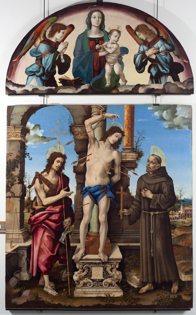 Saint Sebastian ympäröimänä Pyhä Johannes Kastaja ja Pyhä Francois Assisilainen keskuspaneeli. Up Virginilla on lapsi. Filippo Lipin (1451-1504) maalaus puulle Dim. 298x185 cm Musei di Strada Nuova (ex Palazzo Bianco), Genes tekijältä Filippino Lippi