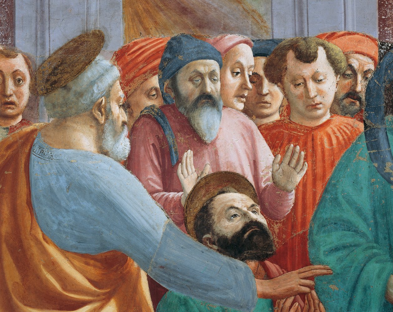 Pyhät ja joukko, yksityiskohta teoksesta Theophilus pojan herättäminen, Tommaso Masaccio, fresko tekijältä Filippino Lippi