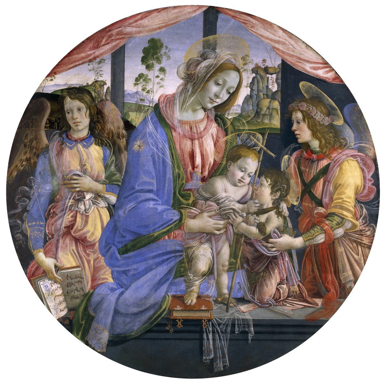 Madonna ja lapsi, Johanneksen vauva ja kaksi enkeliä, 1480-luvun puoliväli (tempera paneelissa) tekijältä Filippino Lippi