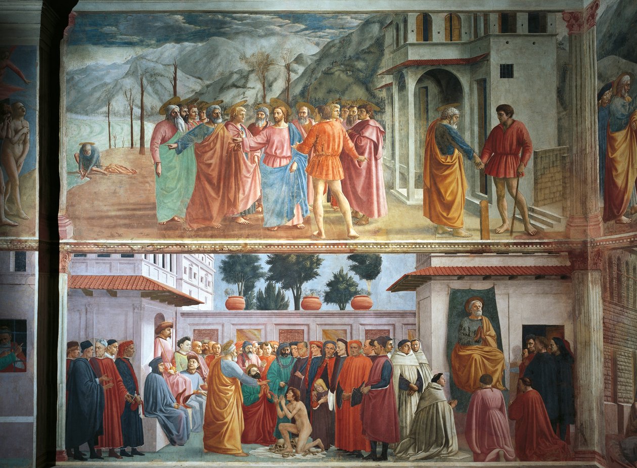 Tribute-rahat, Tommaso Masaccio, Theofiluksen pojan herättäminen ja Pyhän Pietarin valtaistuimelle, Tommaso Masaccio ja Filippo Lippi, freskot tekijältä Filippino Lippi
