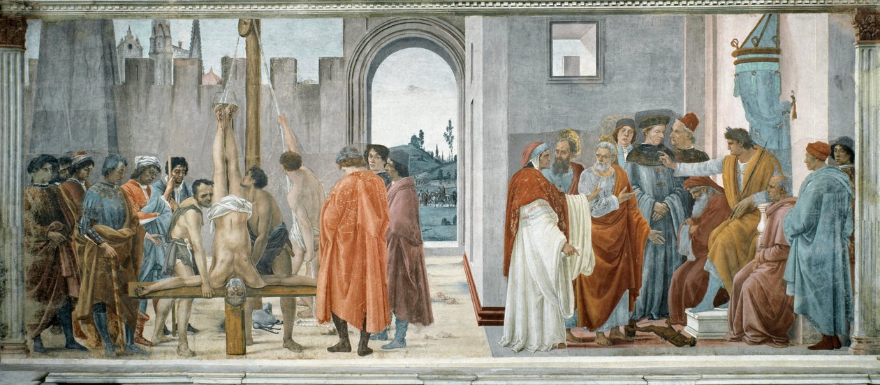Kiista Simon velho (Magi tai Simon Samarian, kuoli 65) (Neron (37-68) valtaistuimella) ja Pyhän Pietarin ristiinnaulitsemisen (Kiista Simon Magon kanssa ja Pyhän Pietarin ristiinnaulitseminen) välillä - Filipino Lipin (1457-1504) fresko, 232x588 c tekijältä Filippino Lippi
