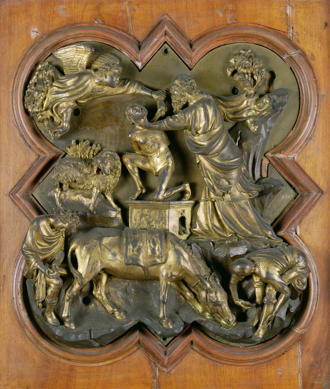 Iisakin uhri, pronssinen kilpailureliefity kastekappelin oville, Firenze, 1401 (pronssi) tekijältä Filippo Brunelleschi
