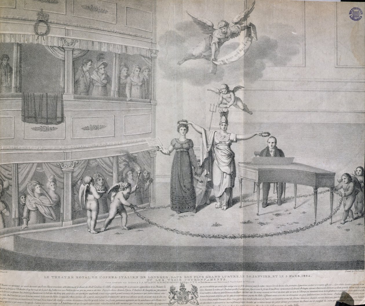 Theatre Royal of Italian Opera Lontoossa suurimmassa loistossaan 24. tammikuuta ja 3. maaliskuuta 1824 tai Kolme kruunua, paina Charles Hullmandel (1789-1850), 1824 tekijältä Filippo Pistrucci