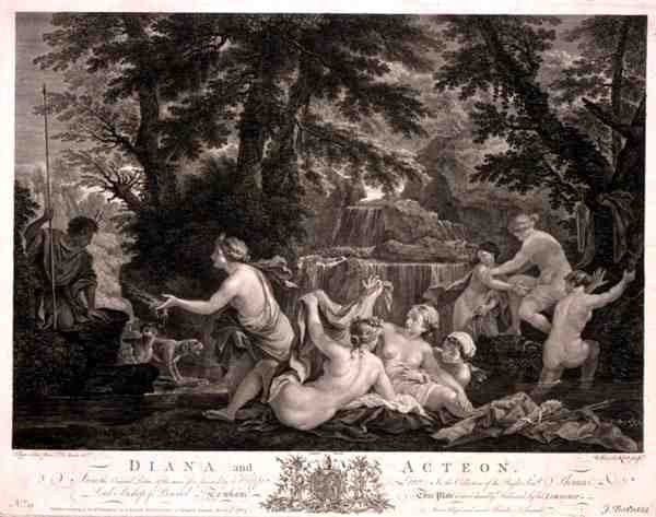 Diana ja Acteon, kaiverrus William Woollett (1735-85), julkaisija J. Boydell tekijältä Filippo (after) Lauri
