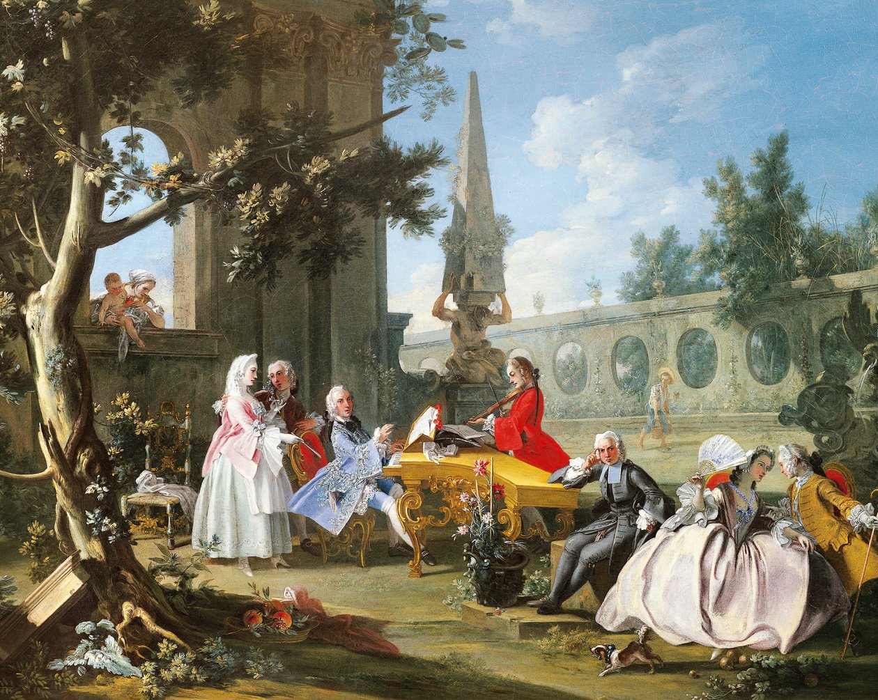 Filippo Falciatoren (aktiivinen 1737-1768) konsertti puutarhassa, öljy kankaalle, 75,8 x 102 cm, Detail, Italia, noin 1750 tekijältä Filippo Falciatore