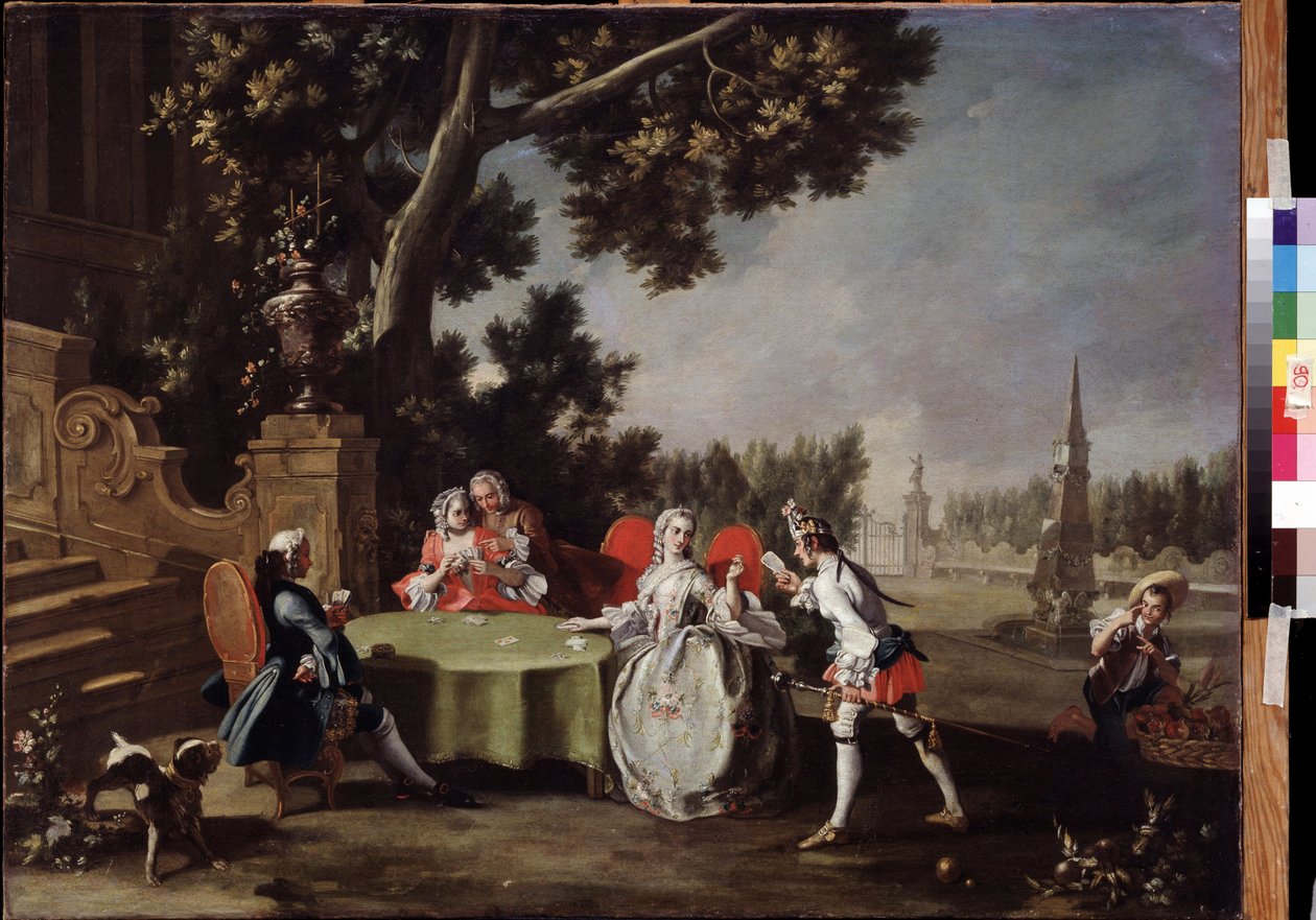 ""Korttijuhlat"" Ryhmä italialaisia ​​aatelisia, jotka pelaavat korttia puutarhassa. Filippo Falciatoren (1718-1768) maalaus 1700-luvun Pushkin-museo, Moskova tekijältä Filippo Falciatore