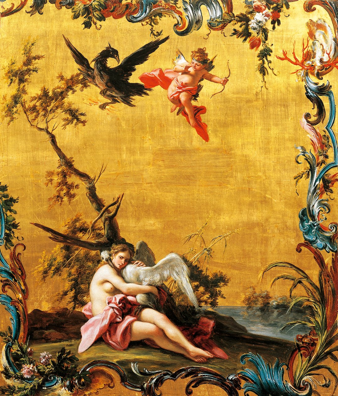 Leda ja joutsen, Filippo Falciatore (aktiivinen 1737-1768), öljy paneelille. tekijältä Filippo Falciatore