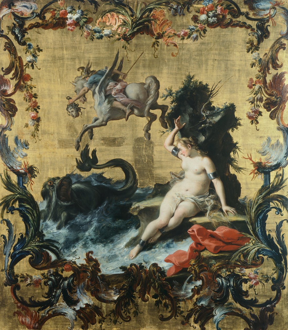 Perseus vapauttamassa Andromedan merihirviöstä, kirjoittanut Filippo Falciatore (aktiivinen 1728-1768), öljy paneelille. tekijältä Filippo Falciatore