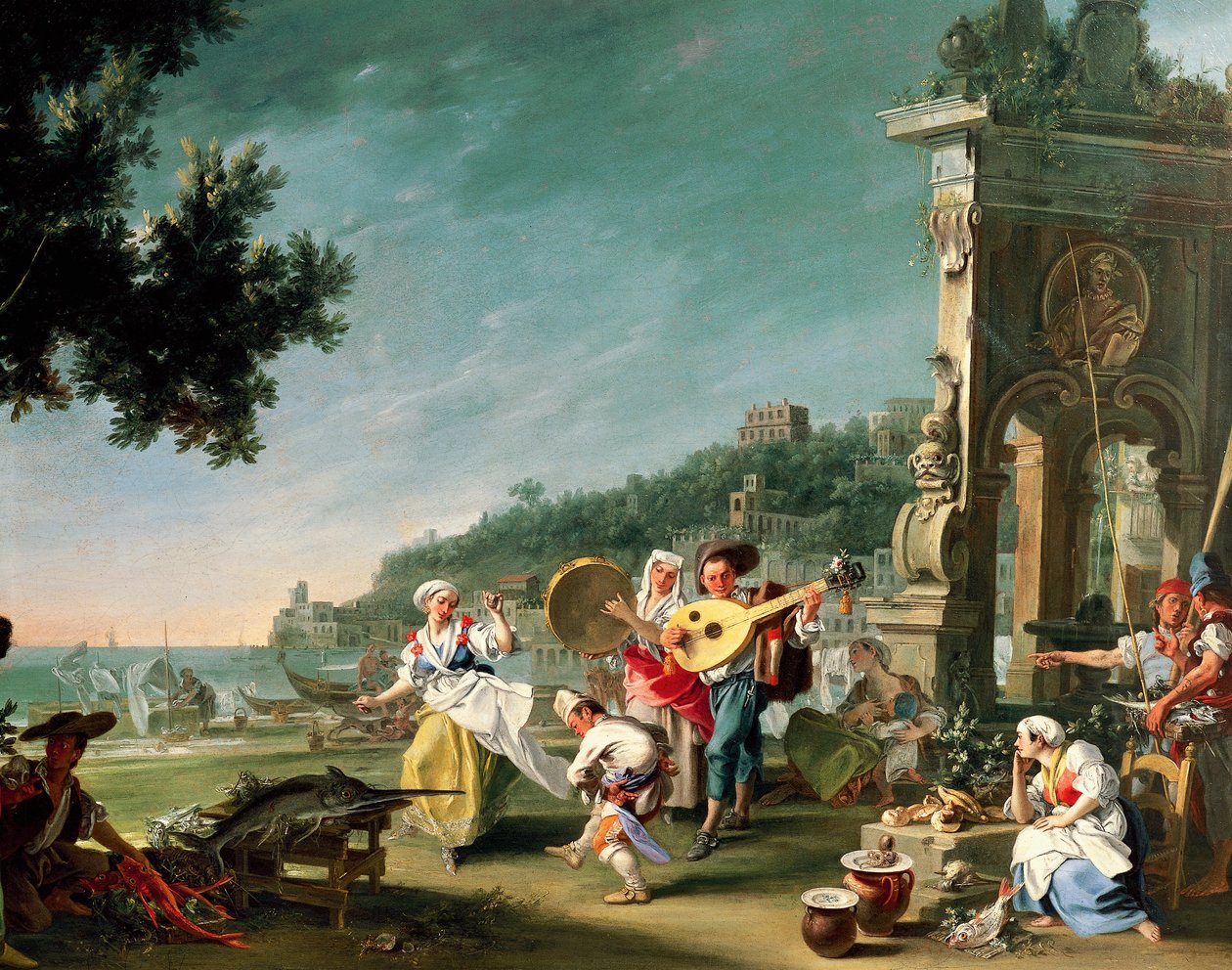 Tarantella Margellinassa, n. 1750, Filippo Falciatore (toiminut 1737-1768), öljy kankaalle, 76,2 x 102 cm. Italia tekijältä Filippo Falciatore