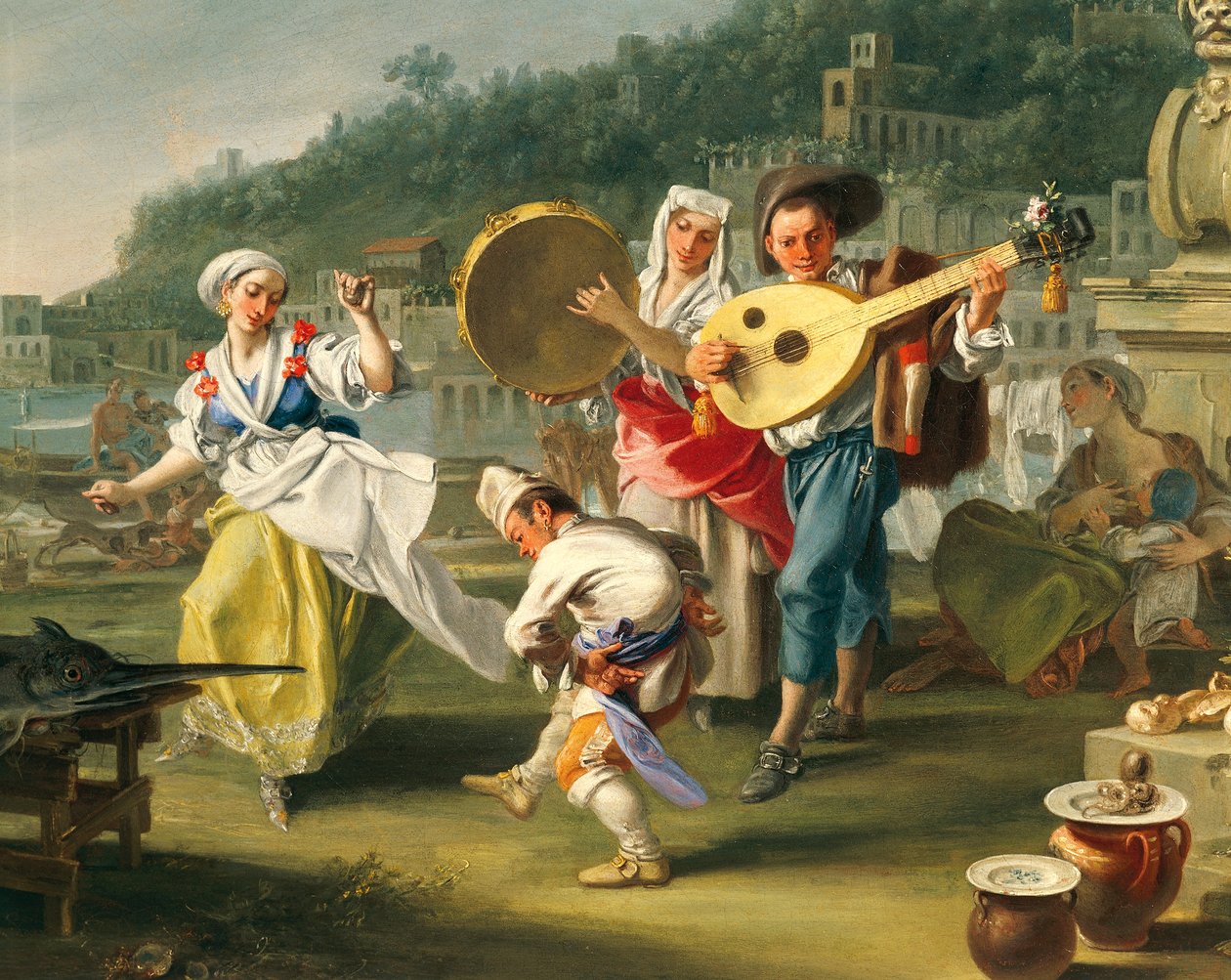 Tarantella in Mergellina, n. 1750, kirjoittanut Filippo Falciatore (toiminut 1737-1768), öljy kankaalle, 76,2x102 cm, Detail, Italia tekijältä Filippo Falciatore
