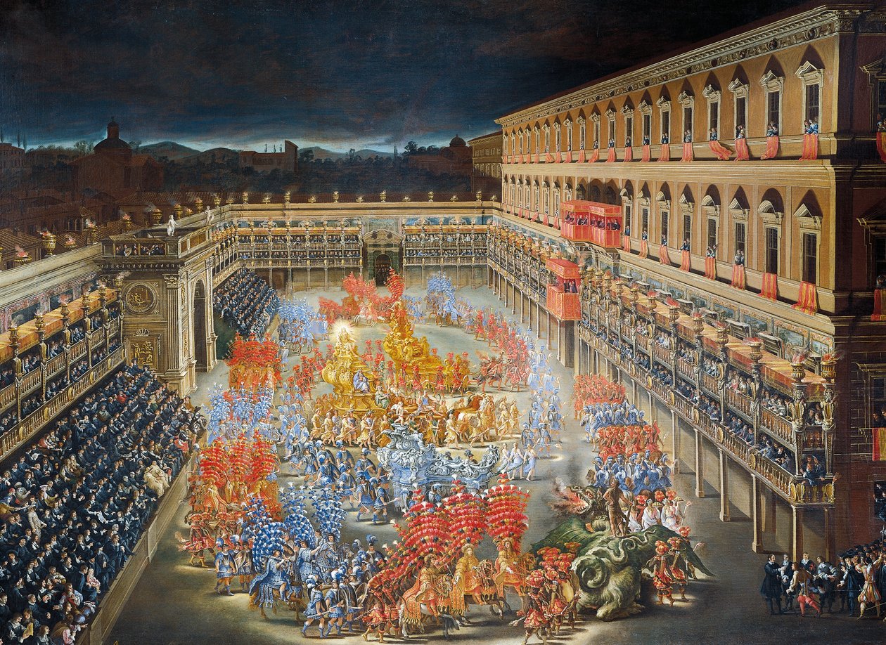 Juhlat Palazzo Barberinissa Ruotsin kuningatar Kristiinan Roomaan vuonna 1656 saapumisen kunniaksi, Filippo Laurin (1623-1694) ja Filippo Gagliardin (1606-1659) maalaus, Yksityiskohta tekijältä Filippo and Gagliardi Filippo Lauri