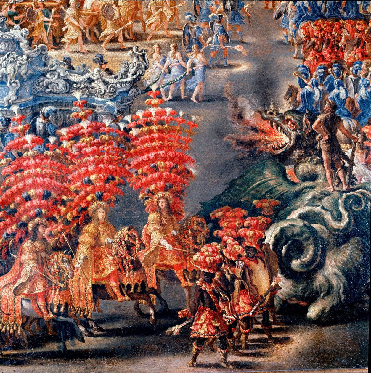 Juhla Palazzo Barberinissa Christine de Sueden (Ruotsin Kristiina) kunniaksi, 28.2.1656 Yksityiskohta. Filippo Laurin (1623-1694) ja Filippo Gagliardin (kuollut 1659) maalaus. 1600-luvun Rooma, Rooman museo tekijältä Filippo Lauri