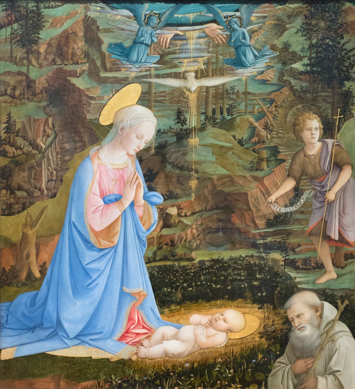 Lapsen palvonta nuoren pyhän Johannes Kastajan, pyhän Romualdin kanssa tekijältä Filippo Lippi