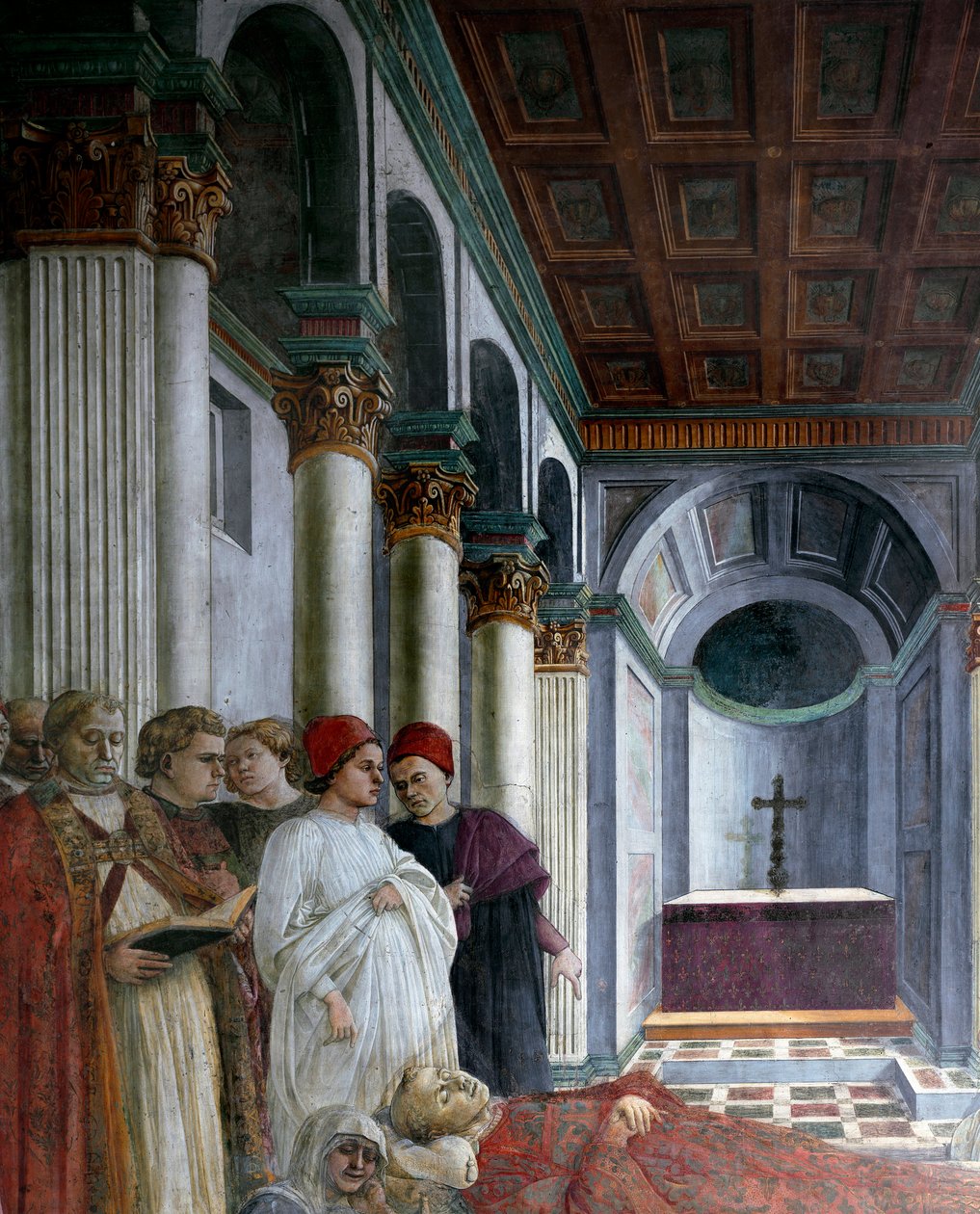 Kierros Pyhän Tapanin elämään: "" Pyhän Tapanin hautajaiset"" (The esequie di santo Stefano) Yksityiskohta. Filippo Lipin (n. 1406-1469) fresko 1452-1465 Prato, Cattedrale di Santo Stefano (Duomo) Italia - Tarinoita Pyhän Tapanin elämästä. Hautajaiset, tekijältä Filippo Lippi